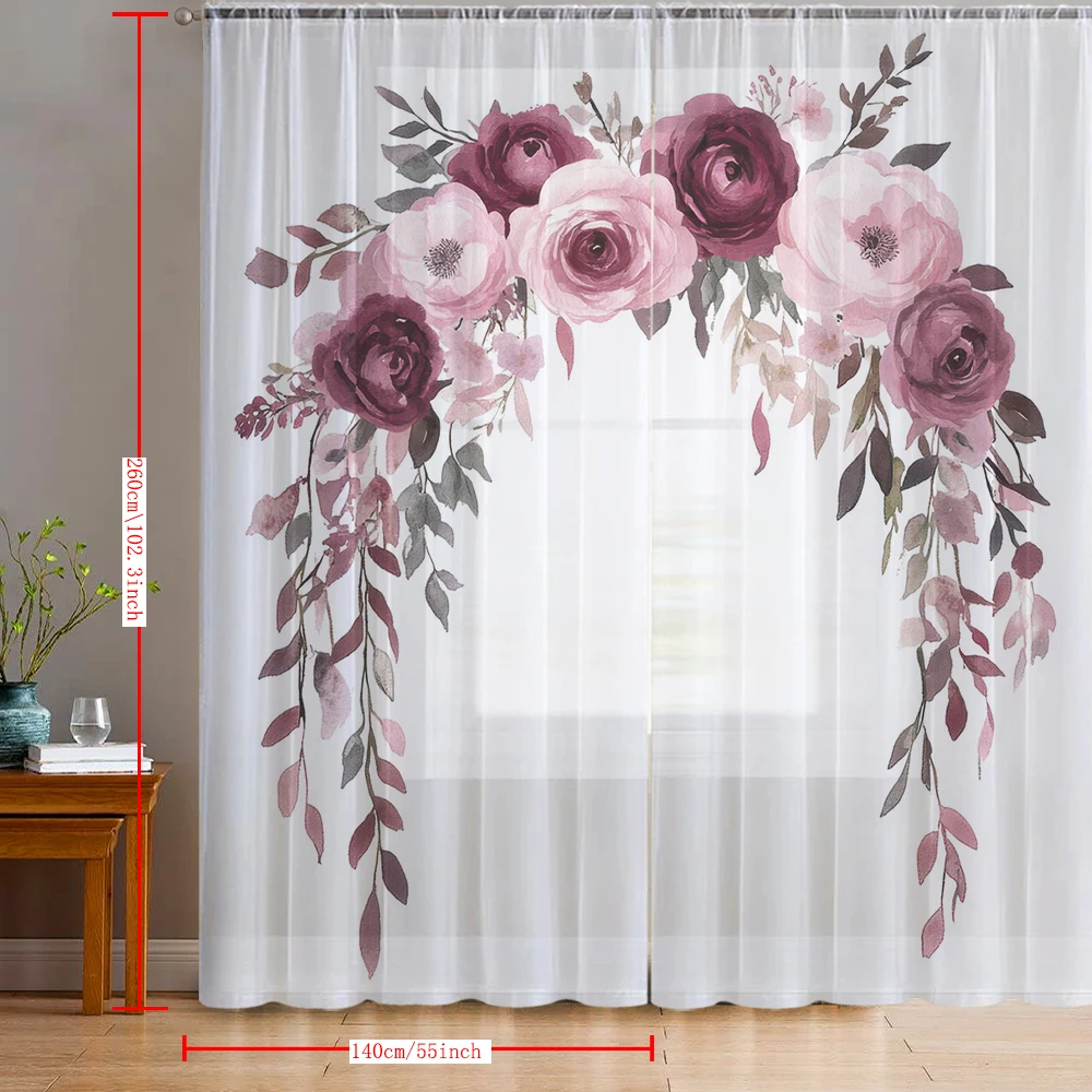 2PCS Home decoration purple pink floral printed window screens with pole bags, suitable for kitchens, cafes, and living rooms
