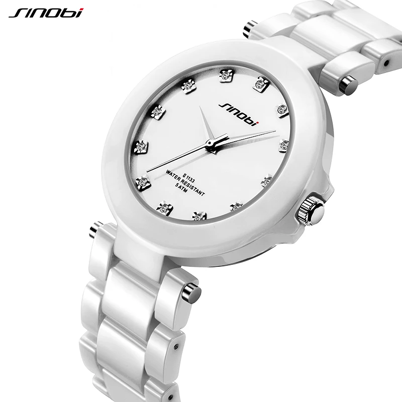 SINOBI High Quality Woman\'s Watches Fashion Real Ceramic Ladies Gifts Watch White Diamond Womens Quartz Wristwatches Reloj Mujer