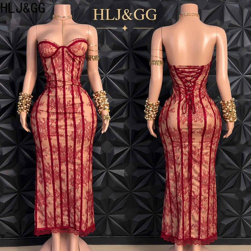 HLJ&GG Sexy Lace Corset Mermaid Dress Sleeveless See Through Mesh Bodycon Maxi Dress Evening Wedding Party Formal Prom Gown New