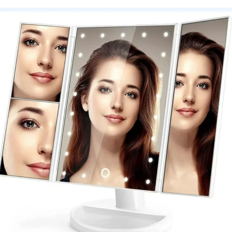 Tabletop LED three-sided folding makeup mirror, rotatable tri-fold makeup beauty , LED makeup mirror