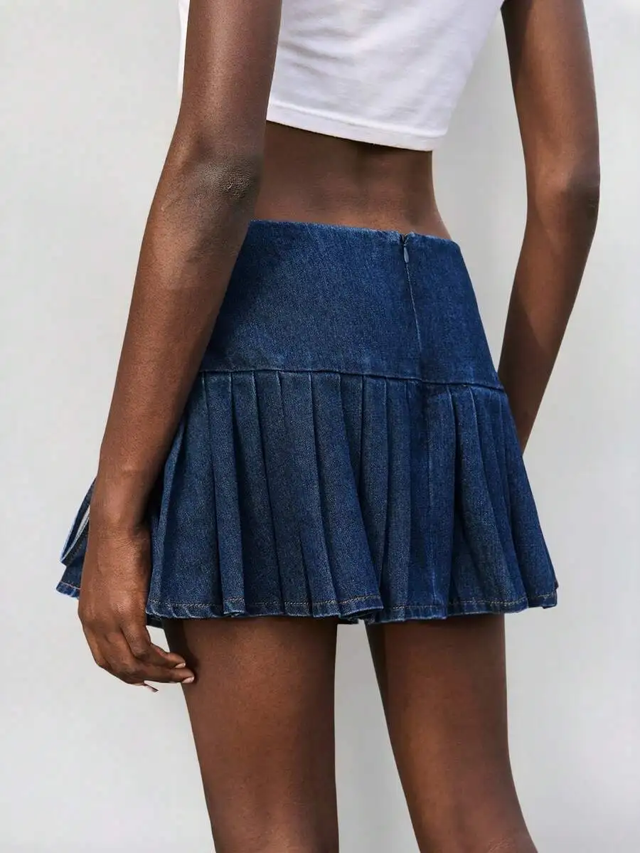

Women Blue Denim Pleated Mini Skirt Preppy Style Casual A-Line Skirt
