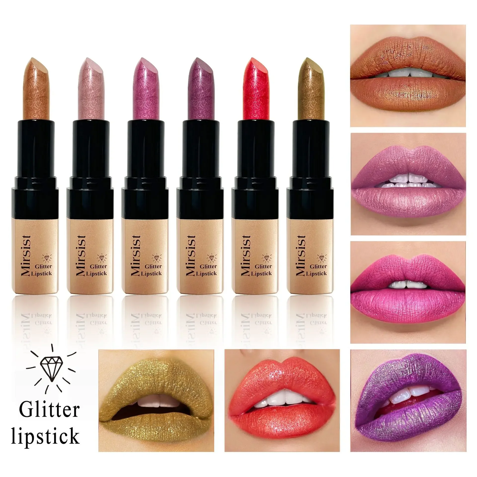 Pearlescent Glitter Diamond Lip Gloss Metallic Shine Lipstick 6 Colors Waterproof Long Lasting Plump Lip