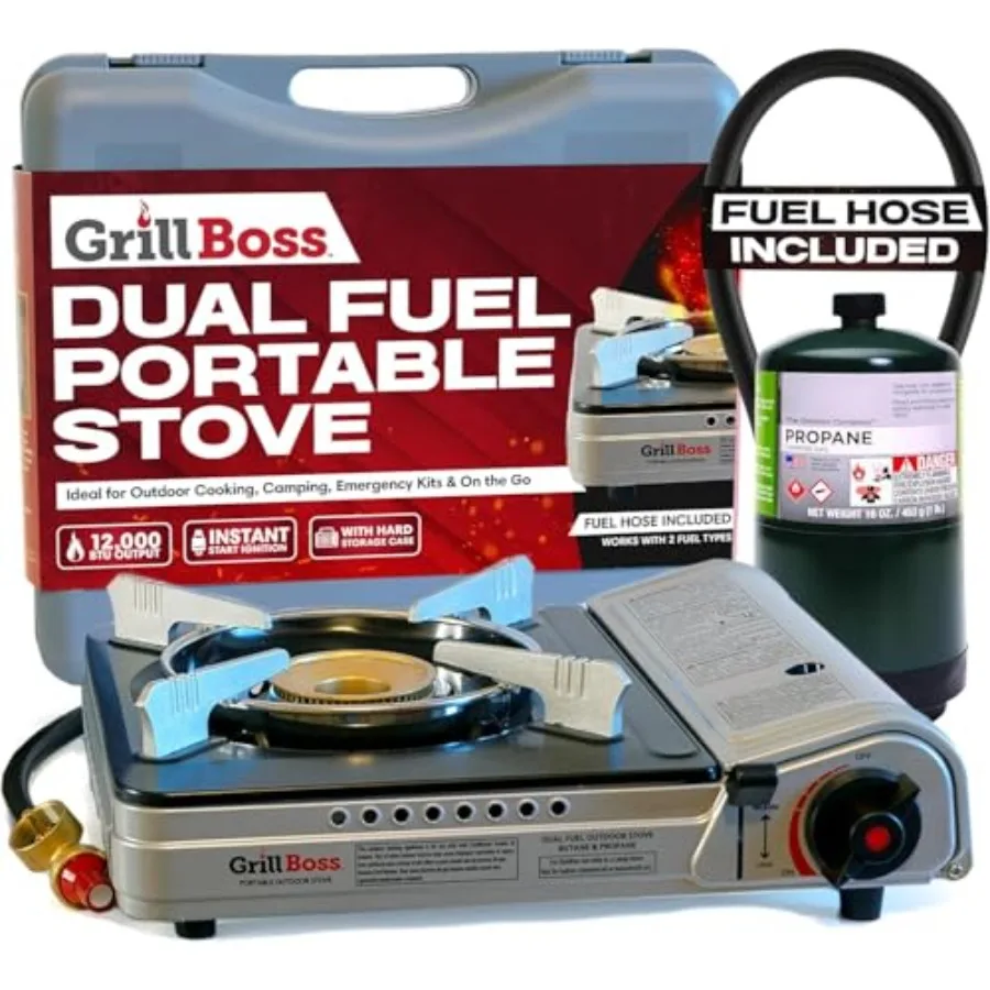 

Grill Boss Dual Fuel Camp Stove - 12000 BTU Portable Stove for Camping Emergency Survival Outdoor BBQ Hiking and Backpacking wi