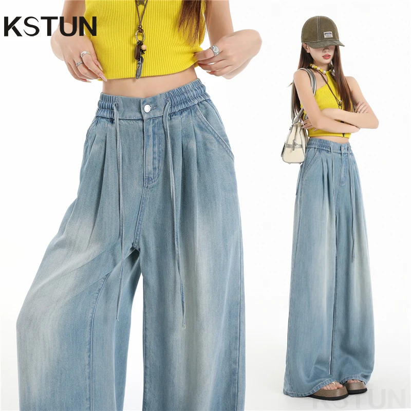 KSTUN 2026 Summer 100% Lyocell Wide-leg Jeans Women Loose Soft-fall Pants Graceful Drape Trousers Cool Breathable Elastic Waist