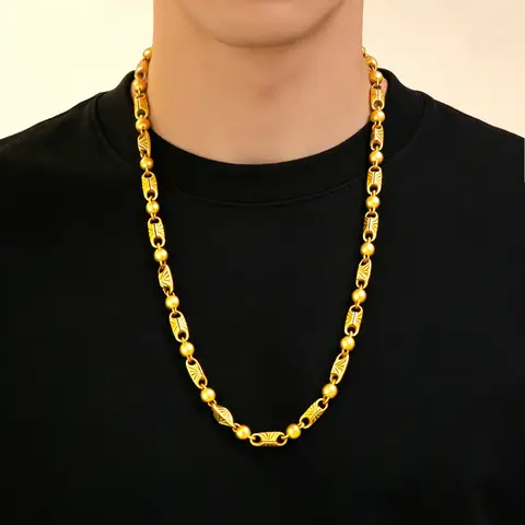 Rice Pattern Carved Necklace Men's 24K Gold AU999 - Thick gold chain for men, striking look for business banquets