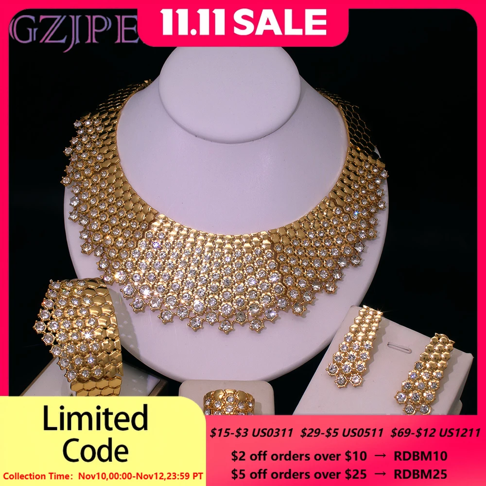 

GZJPEI Shiny White Zircon Jewelry Set Italy Nigeria Wedding Jewellery 18K Gold Plated Big Necklace Bracelet Long Drop Earring