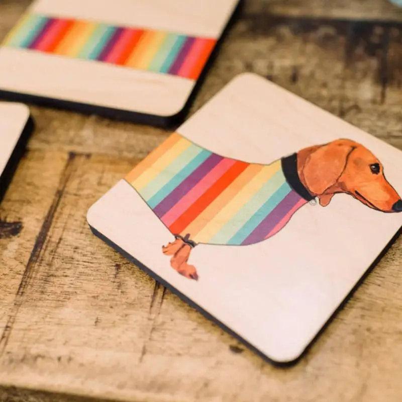 Dog Coasters 4X Cute Dachshund Dog Cup Mat Wood Cup Cushion With Base Bar Decorations For Coffee Tea Drinks