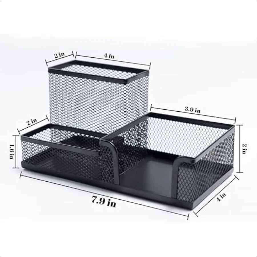 حامل أقلام شبكي أسود منظم سطح المكتب حامل أقلام رصاص للمكتب 3 مقصورات منظم مستلزمات المكتب المعدنية مع ملاحظات لاصقة