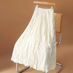 Folds Casual A-line Elastic High Waist Pleated Elegant Women's Skirt Korean Fashion Mid-Calf Long Skirts For Women 2023 Summer