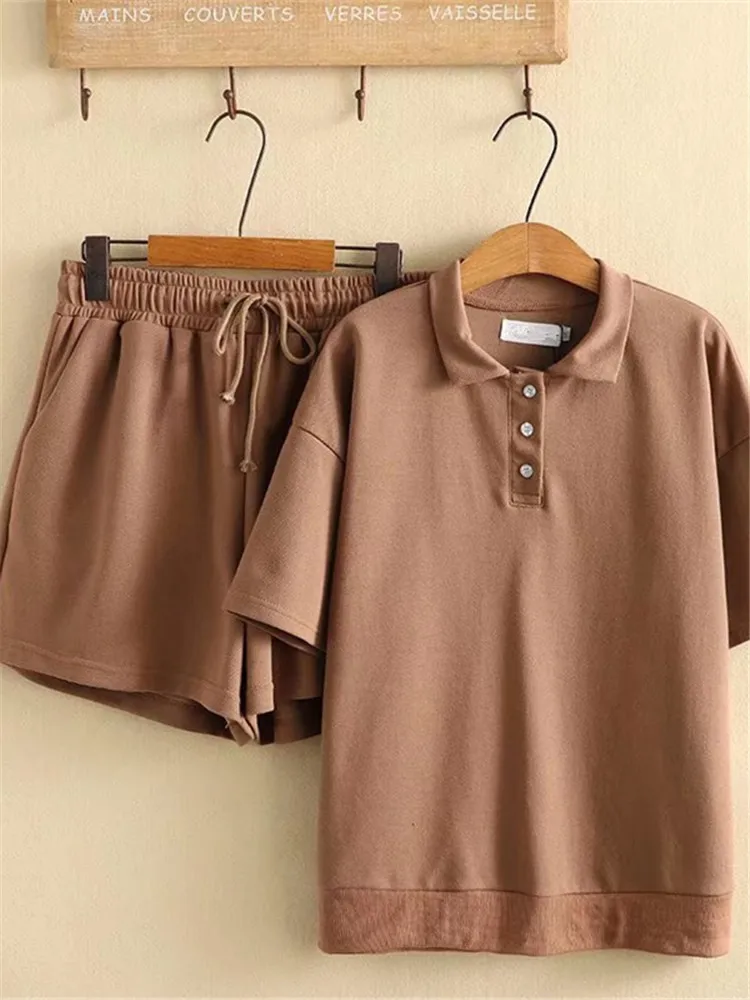 

Plus Size Clothes For Women Summer Two Piece Set With Lapel Short Sleeve T-Shirt And Elastic Waist Shorts Large Size Combination