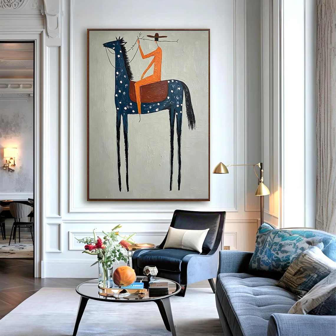 Modern Horse Original Oil Painting, Hand-Painted Minimalist Vintage Figurative Canvas for Living Room, Large Equestrian Wall Art