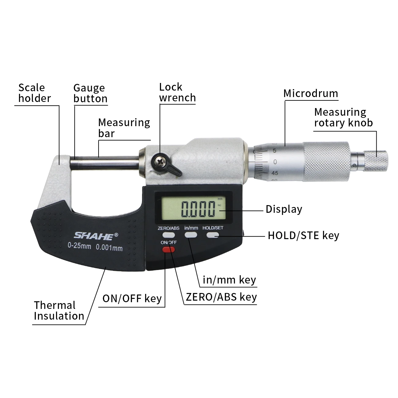 SHAHE – micromètre numérique externe électronique, jauge, 0-25mm, avec ligne d\'échelle, 0.001mm