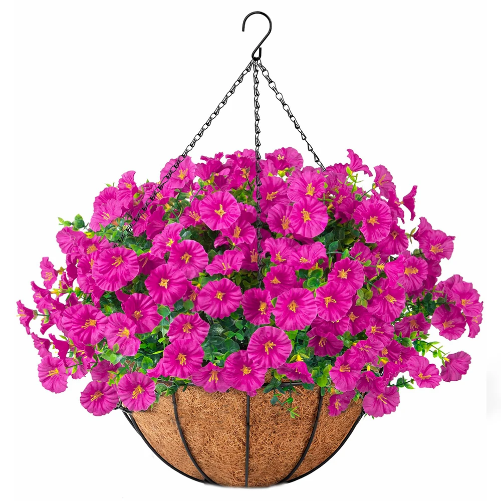 Kunstmatige hangende Morning Glory-bloemen met mandset buitenshuis UV-bestendige nepplanten voor muur huis tuin veranda tuin decor