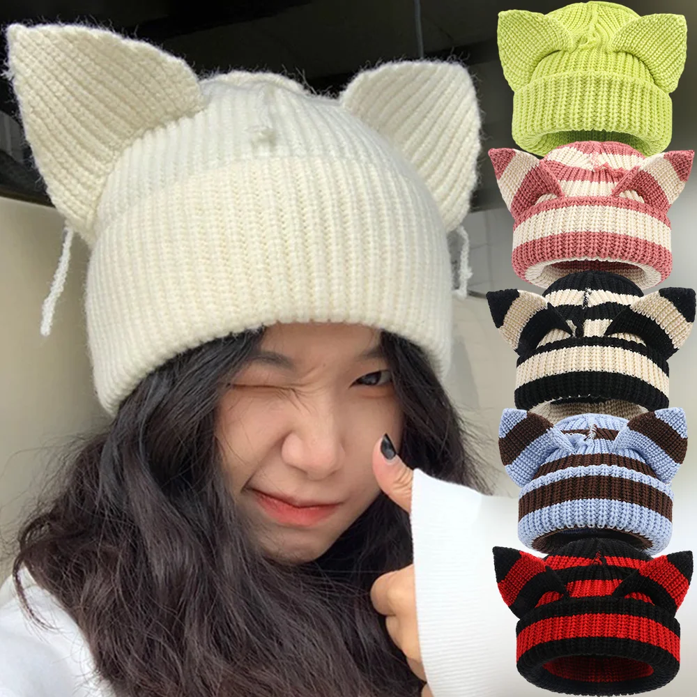 Harajuku Elf Ears Knitted Beanies Cap Cute Little Devil Cat Ear Striped Warm Hat Women Girls Y2K Winter Wool Hooded Caps Bonnets