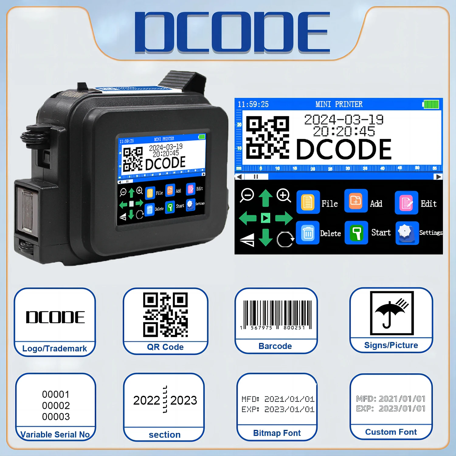 

DCODE XMINI 12.7MM Portable Coder Handheld Inkjet Printer for Text QR Barcode Batch Number Logo Date Label with Fast-Dry Ink