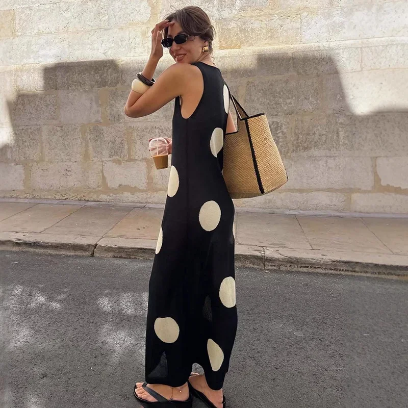 2025 Polka Dot Gestrickte Maxi Kleid Weibliche Ärmellose Böhmischen Strand Perspektive Langes Kleid Gerade Tank Kleid Sommer Neue