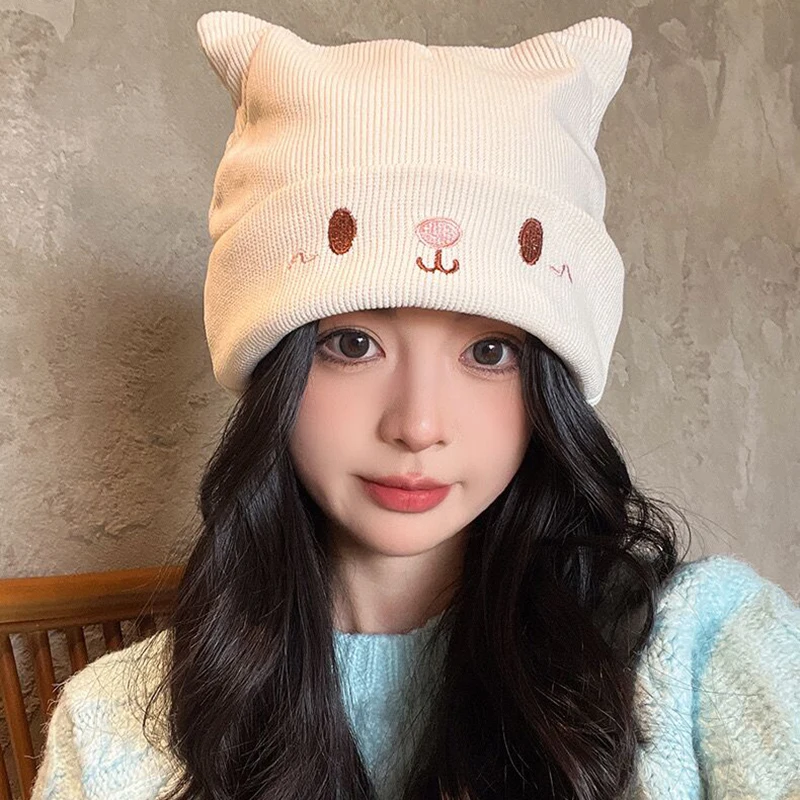 Cute Cartoon Cat Ears Hats Women Winter Warm Korean Knitted Hat Female Soft Outdoor Windproof Version Pullover Beanies Caps