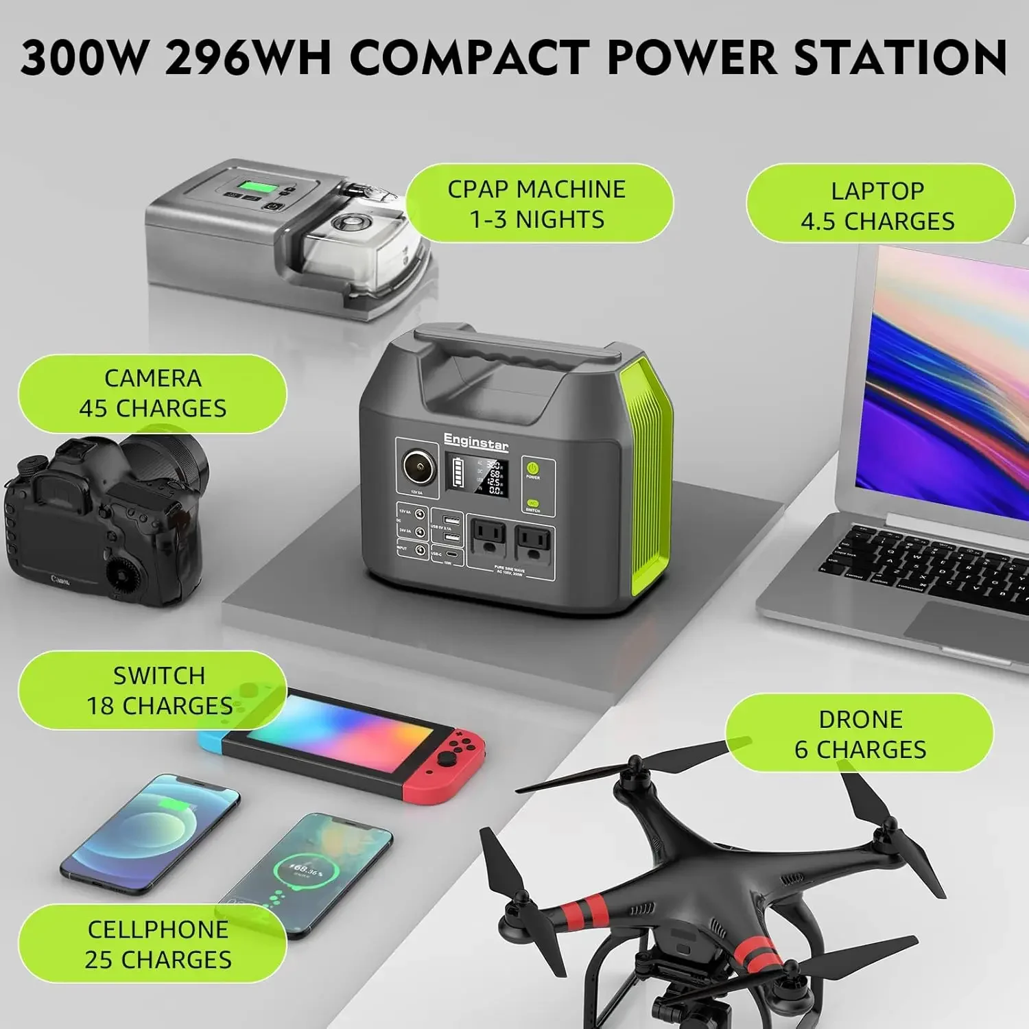 EnginStar Solar Generator, 300W Portable Power Station, 296Wh Lithium Battery Backup w/Two 110V Pure Sine Wave AC Outlet