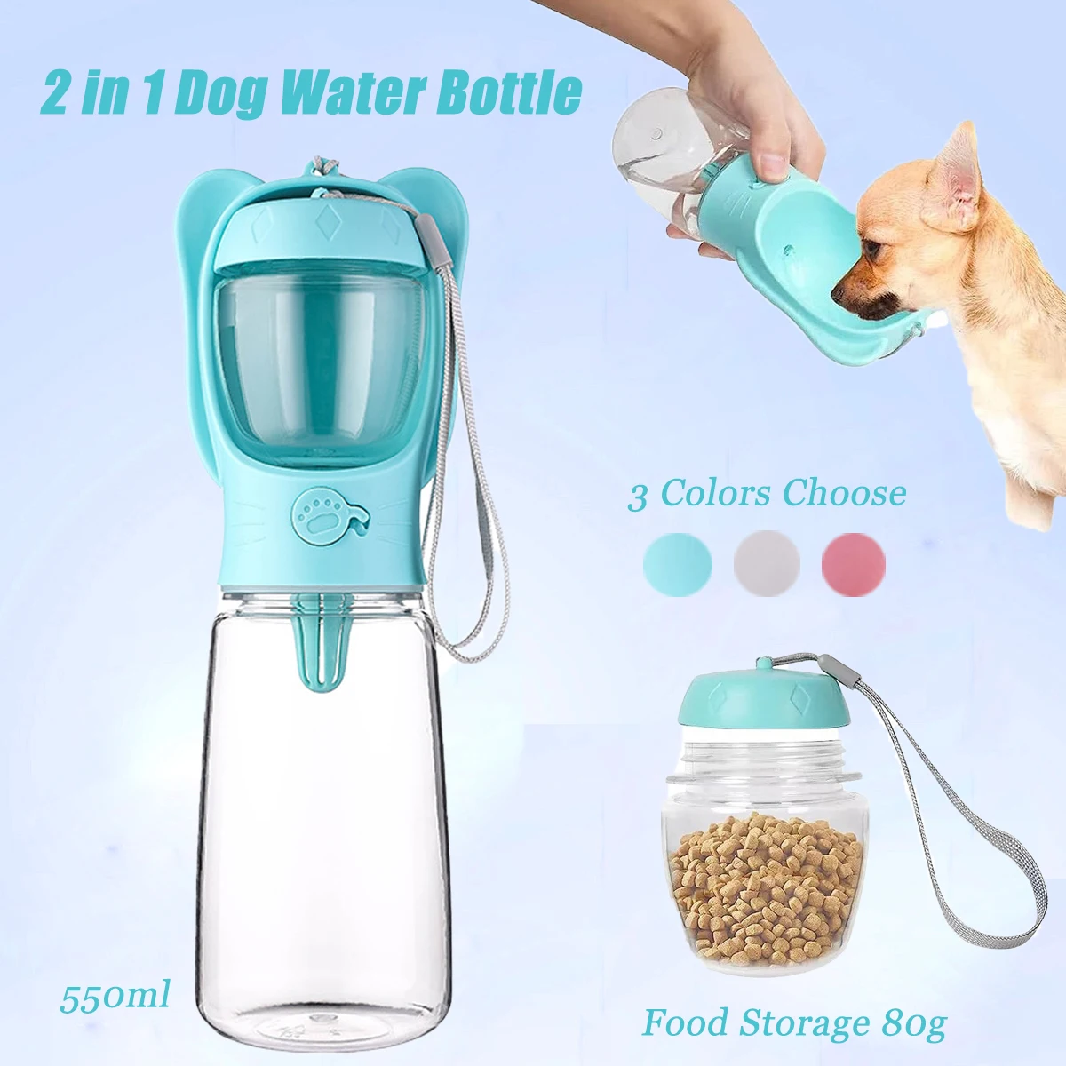 550ML Portable 2 in 1 Dog Water Bottle For Pet Dog Cat Outdoor Travel Removable Food Storage Container Leakproof Water Dispenser