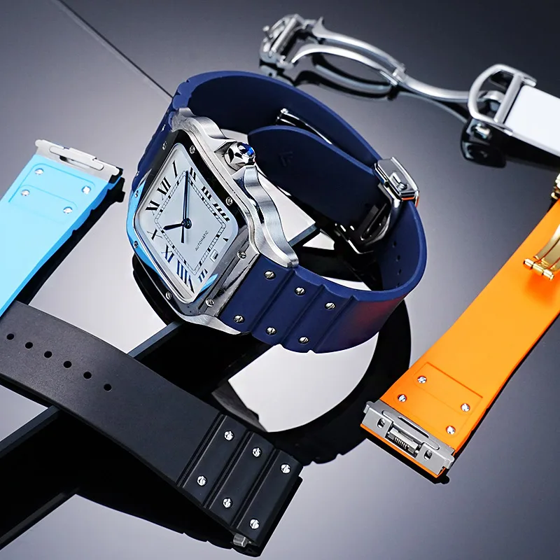 21mm Quick Release FKM Watch Strap For SANTOS DE CARTIER WSSA0009 WSSA0018/13/37 Sports Fluororubber Watchband Fold Buckle Men