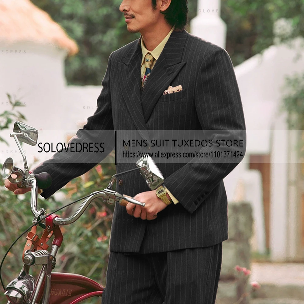 Men's Suits 2 Pieces Pinstripe Peaked Lapel Double Breasted Men Suits For Wedding （Blazer+Pants）