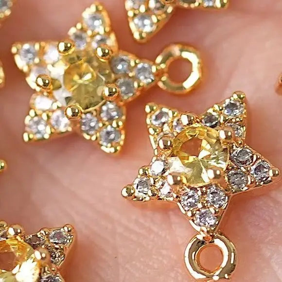 Copper Plated Gold Yellow White Zircon Sparkling Little Star Pendant Charms For Jewelry Making DIY Bracelet Accessories Findings