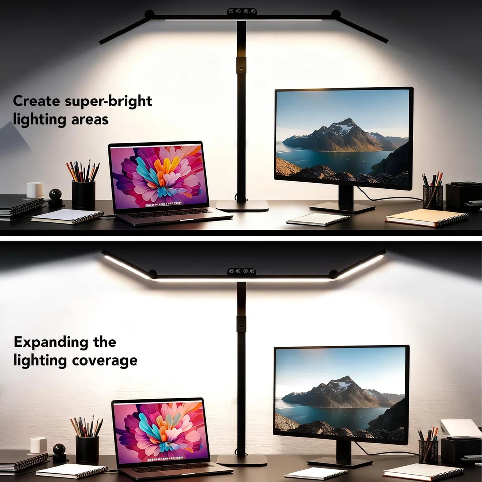 3 Head LED Desk Lamp CRI90 Eye Caring 2700K-6500K Adjustable Color Temperature Brightness Rotatable Side Arms LED Lamp With Touch Switch Memory Function Black Metal Base Anti-Glare Light for Dual Monitor Home Office Study Workbench Makeup Live Streaming, image 4