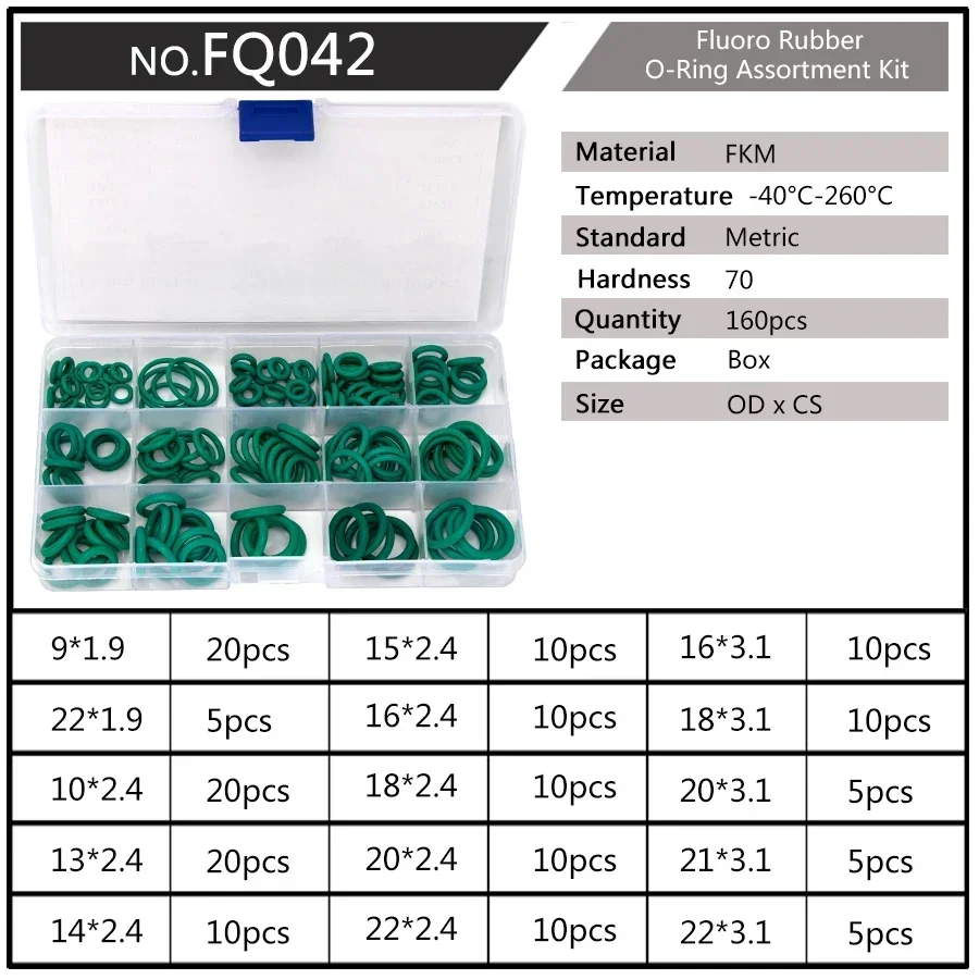 150 unids/caja juntas tóricas de sellado FKM de caucho de flúor CS 1,5mm 1,9mm 2,4mm 3,1mm OD 6mm-30mm Kits de repuesto de juntas verdes FQ042-063