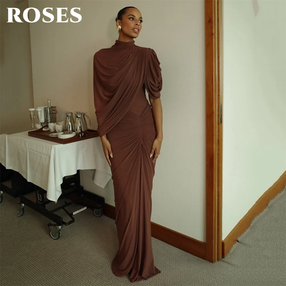

ROSES Brown Evening Dresses Asymmetric Sleeve Prom Dresses High Neck Party Formal Gown Draped robe de bal for Woman Customized