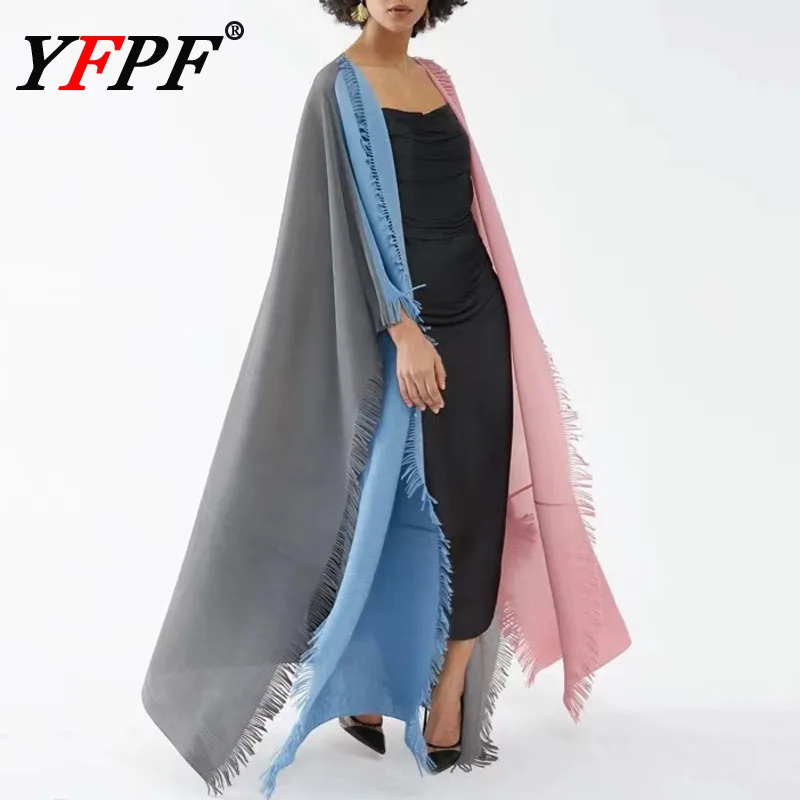 

YFPF модное свободное длинное пальто с кисточками, женское плиссированное пальто большого размера, ветровка контрастного цвета, уличная одежда, новинка 2025, 3A253