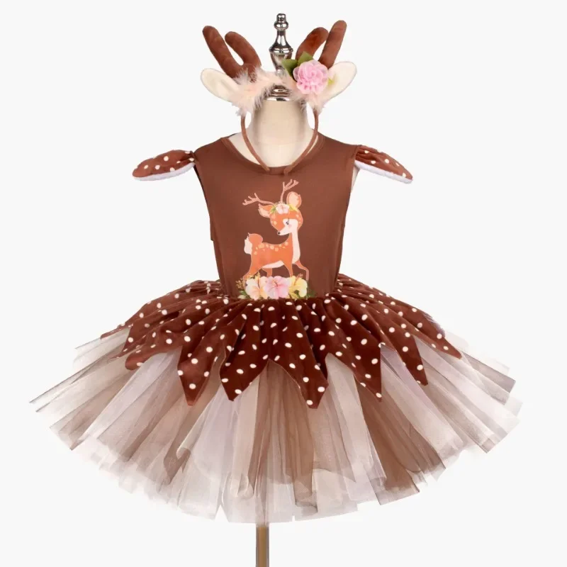 Christmas Costume Children's Elk Net Gauze Princess Pompadour Skirt Plaid Hat Cartoon Fawn  Skirt Dance Performance Costume