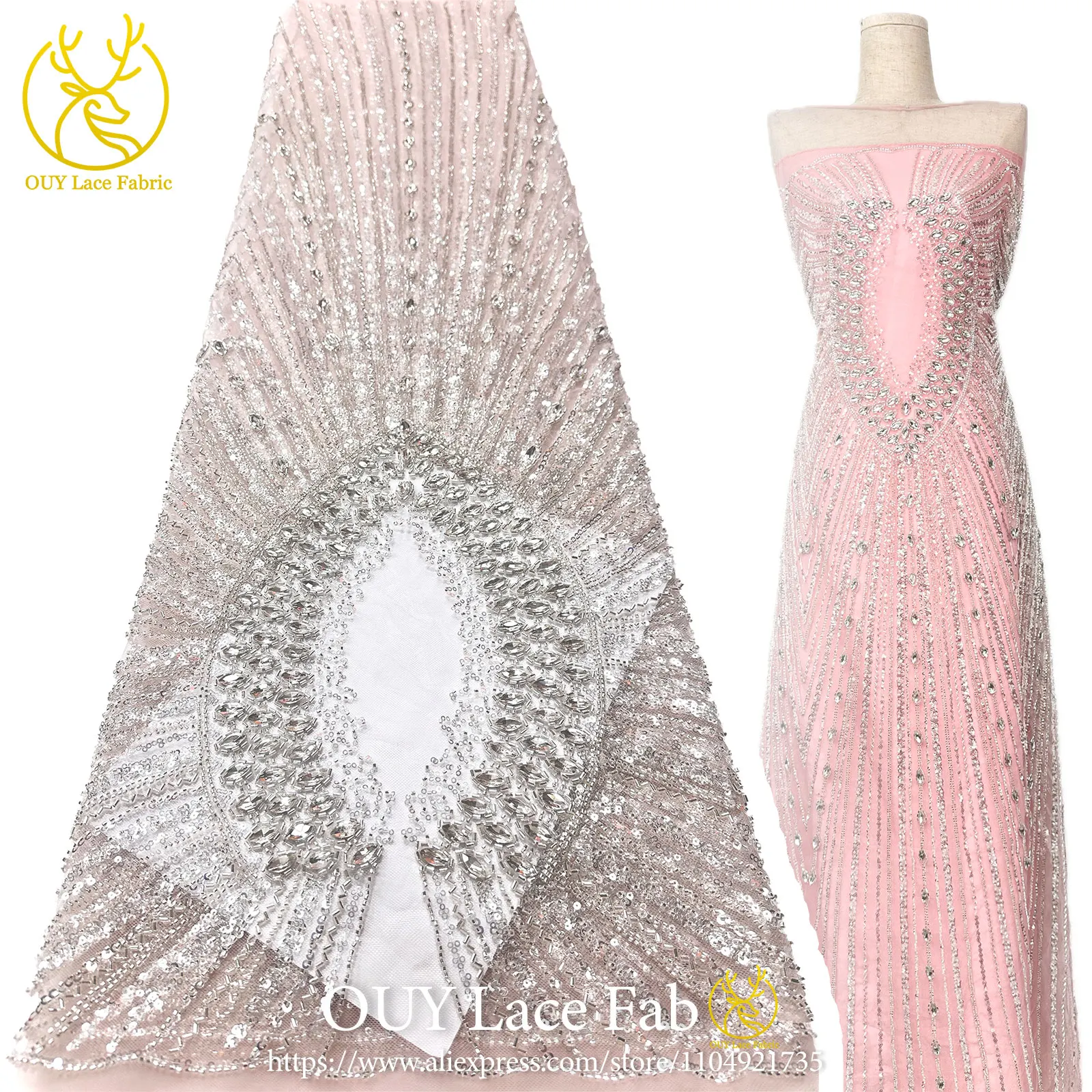 

2026 Elegant Nigerian Hand-Beaded Diamond Tulle Lace Fabric, Exquisite African French Sequined Lace Fabric Wedding Dress Sewing