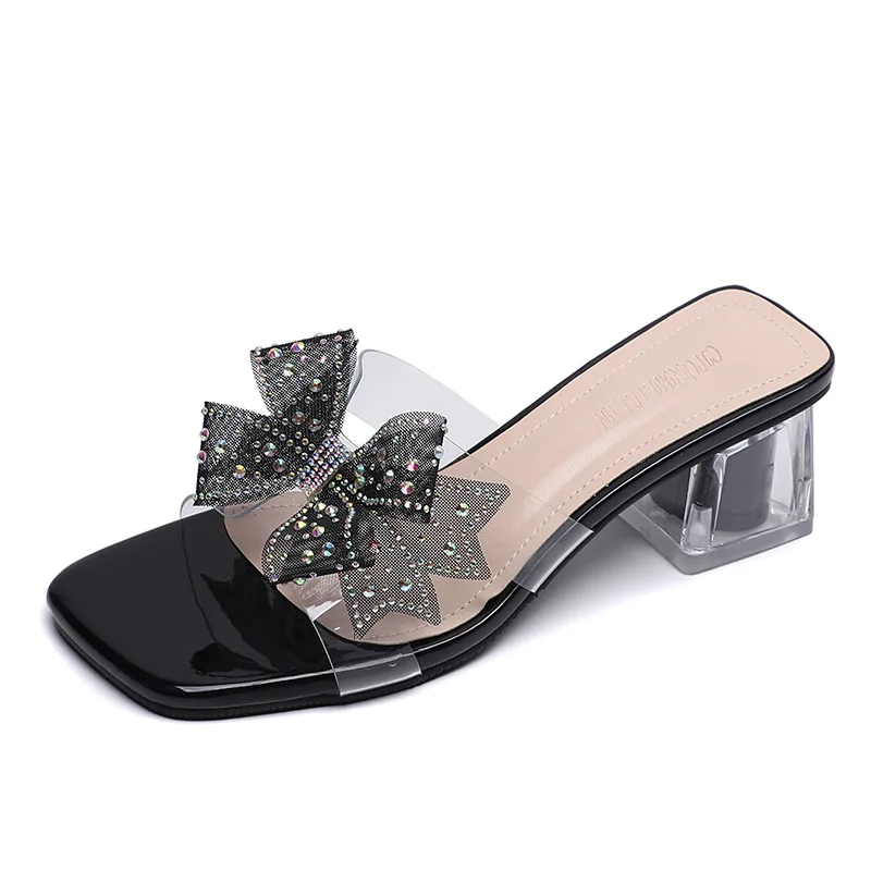 

Rhinestone Bowknot Slippers Women's Summer 2024 Modern Sandals Ladies Fashion Crystal Heel Flip Flops Slides Party Slip on Shoes