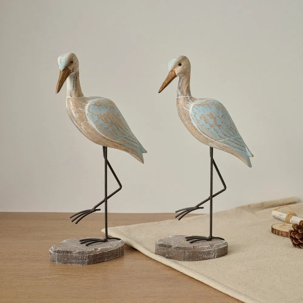 Vintage Sea Bird Figurine Handcrafted Unique Wooden Carving Statue Realistic Decorative Long-legged Bird Ornament