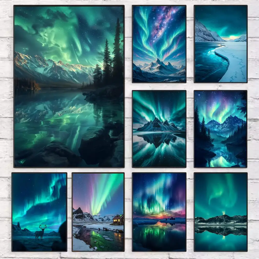 

Northern Lights Mountains Poster Wall Art Sticky for Living Room Bedroom Office Hallway Bar Home Decor Gift Idea