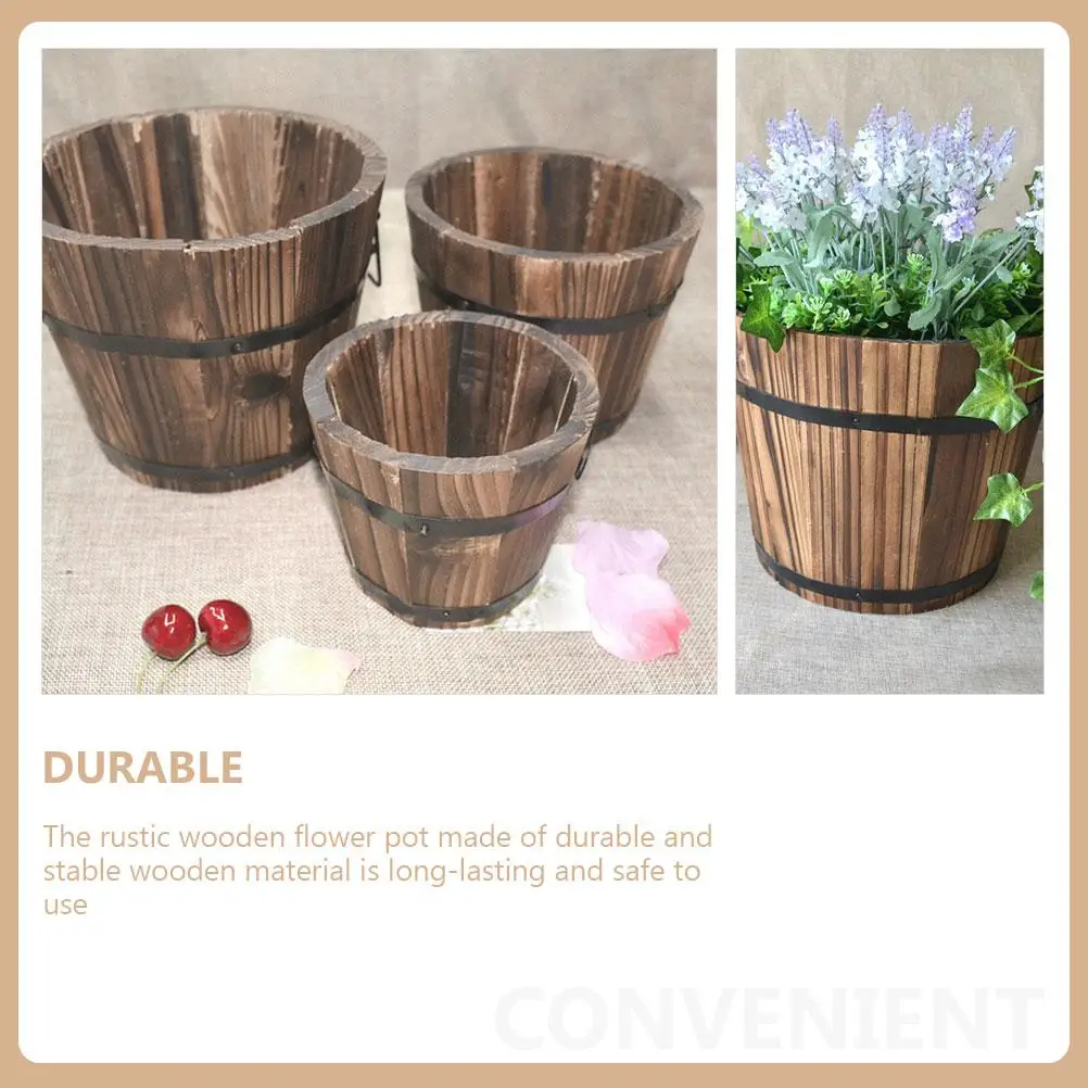 Wooden Flower Pot Medium Size with Handles for Garden Wood Barrel Planter Rustic Style Succulent Container