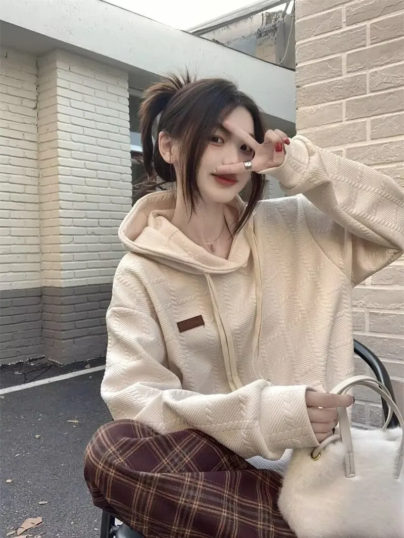 Bluza z kapturem damska jesienno-zimowa, wersja koreańska, luźny krój, niszowa, z grubym welurem, dla niskich, waflowa.