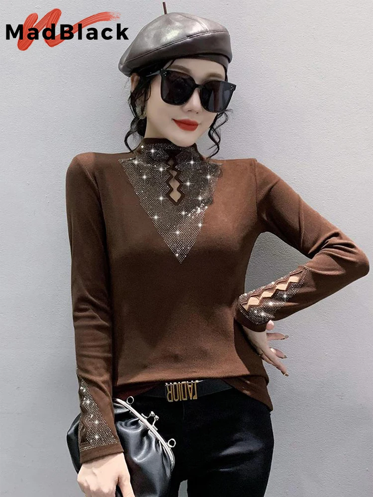 MadBlack High Collar T-Shirt Sexy Sheer Chiffon Long Lantern Sleeve Pearl Patchwork Women Elastic Tops Tee Autumn Winter T20616S