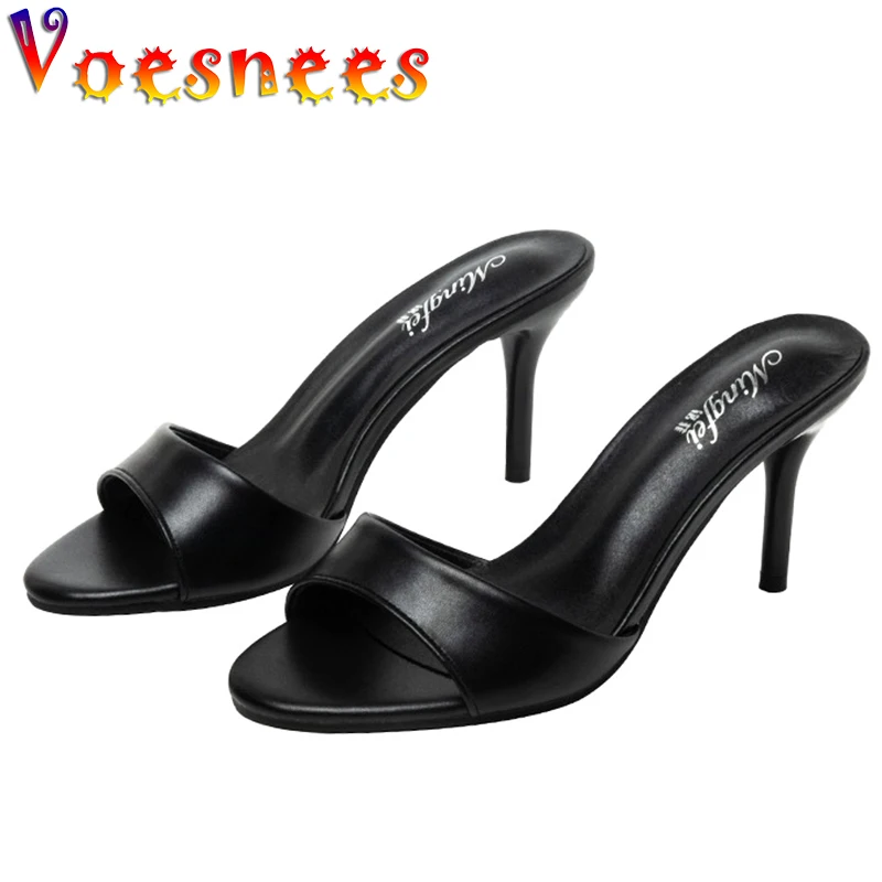 Simple All-Match Round Toe Thin Heel Slippers Walk Show Peep Toe Shallow Women Shoes Korean Style One Word High Heels Sandals