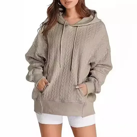 Women's New Autumn and Winter Fashion Hooded Jacquard Twist Knit Hoodie, Solid Color Loose Hooded Pullover Sweater with Pockets