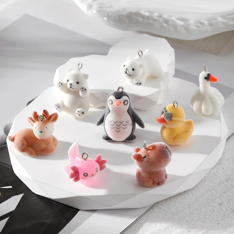 6pcs 3D Fluffy Flocking Animal Resin Charms Wholesale Hexagonal Dragon Capybara Penguin Polar Bear Pendant For Jewelry Diy