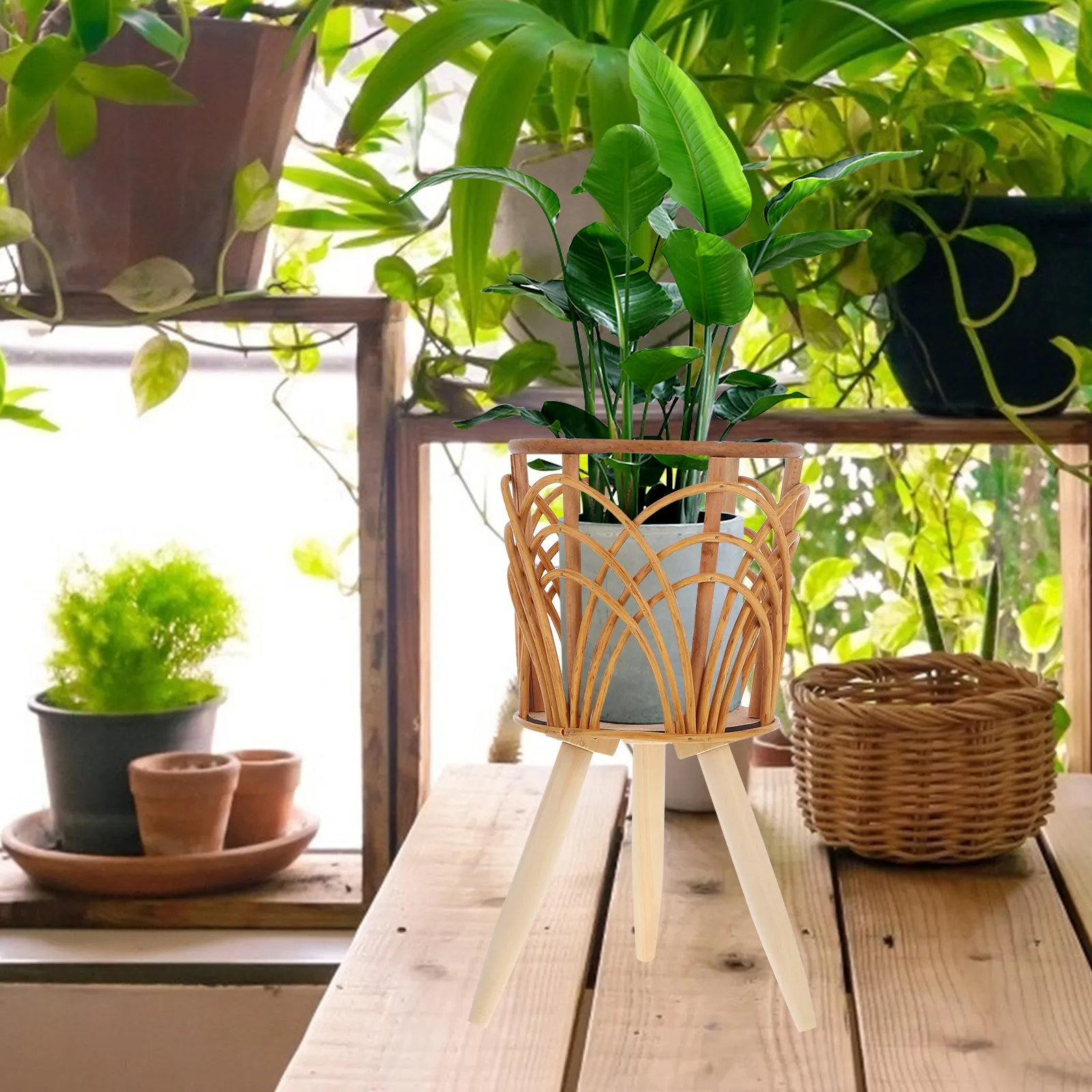 北欧スタイルのラタン製プランターバスケットスタンド、床置き型 - Rattan Plant Basket のレビューと価格