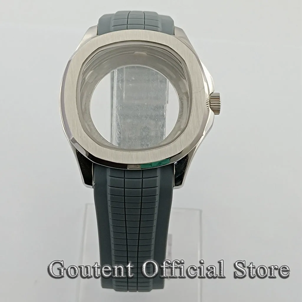 Goutent 40mm Silver Watch Case With Brown/Black/Blue/Green Rubber Strap Sapphire Crystal Case Fit NH35 NH36 Movement