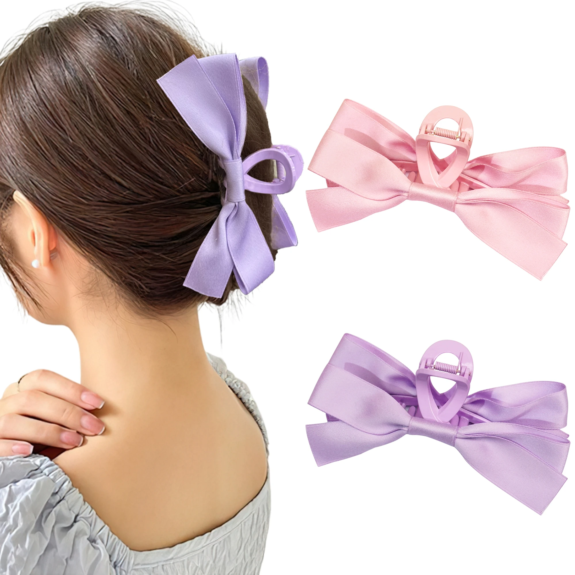 

2 Pcs Hair Claw Clips 2 Colors Ribbon Bow Hair Clips Big Hair Bows Jaw Clips Barrettes Hair Accessories for Women Girls