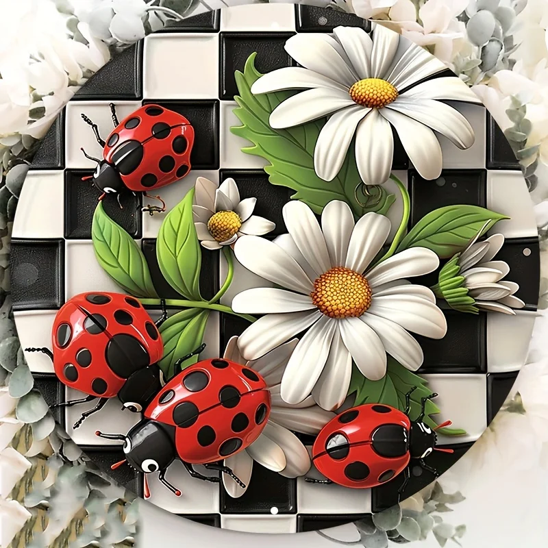 

Aluminum Welcome Sign with Ladybugs and Daisy Design, Waterproof Round Metal Door Hanger, Wall Art, Home Decor, 8x8in, 1PC