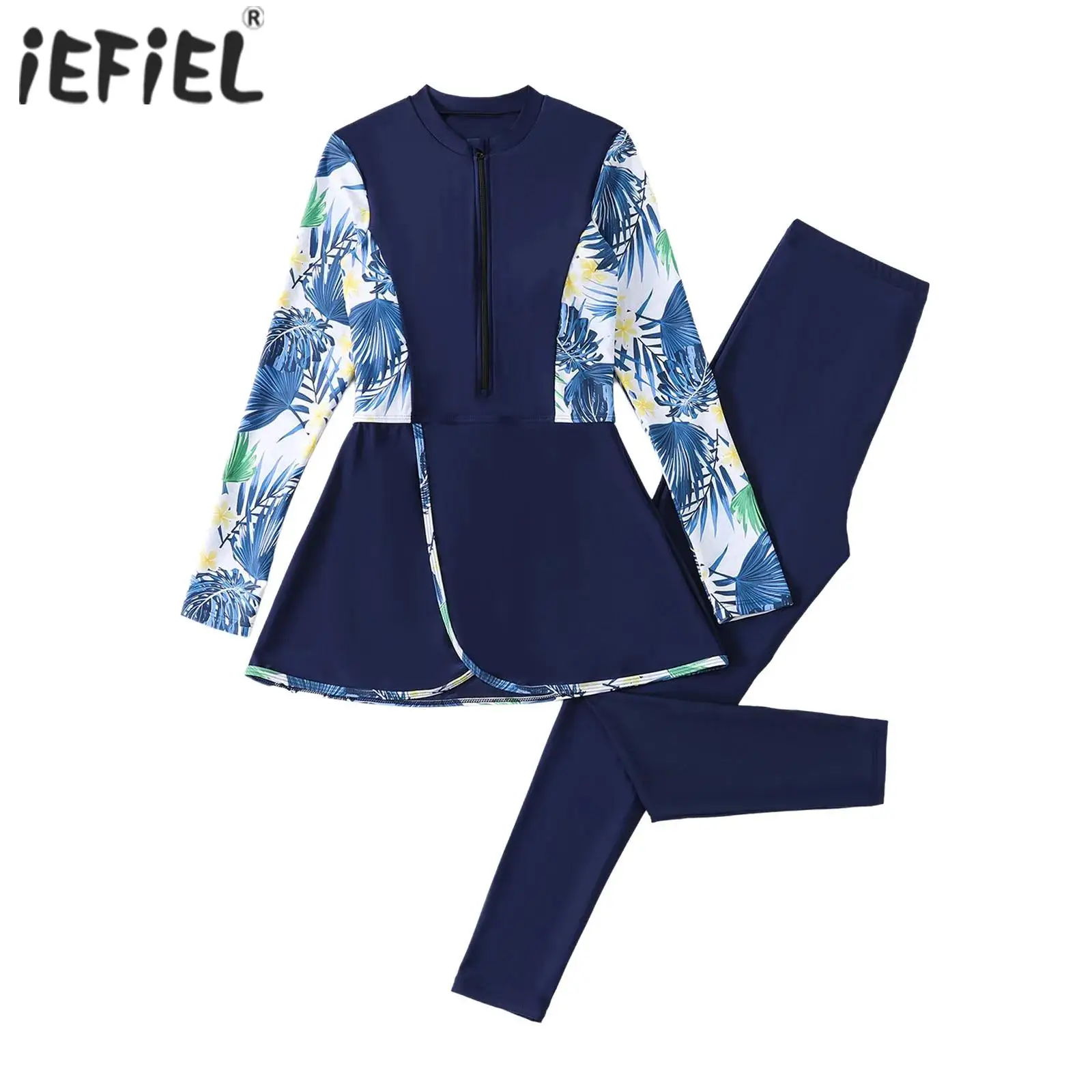 Damen-Badeanzug mit vollständiger Abdeckung, Rash Guard, langärmelig, Badeshirt und Leggings, Blumendruck, muslimischer Badeanzug, Badeanzug zum Surfen, Tauchen