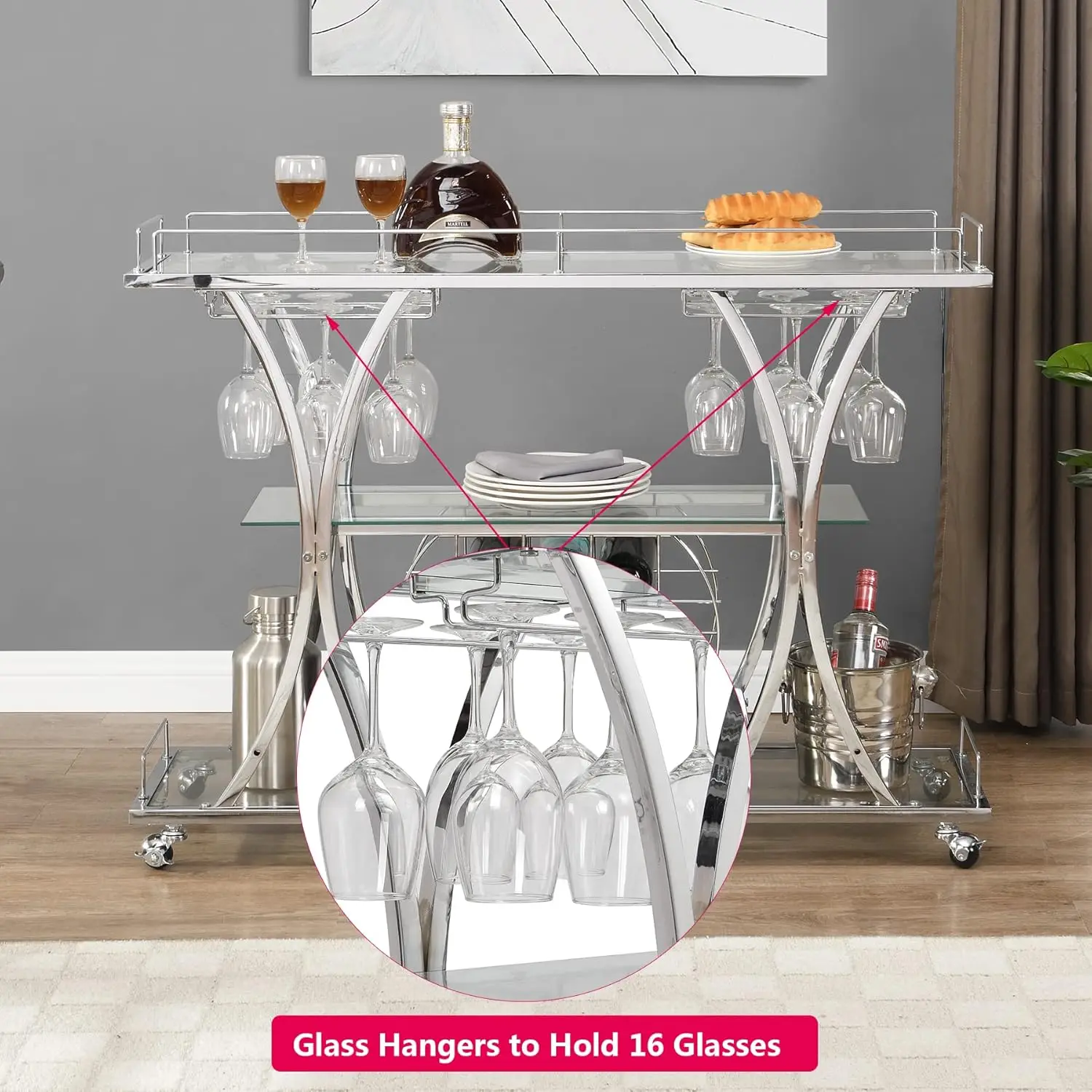 Mikibama Silver Serving Bar Cart,Modern Mini Bar Carts for The Home,Small Mobile Home Bar Cart with Wine Rack & Storage