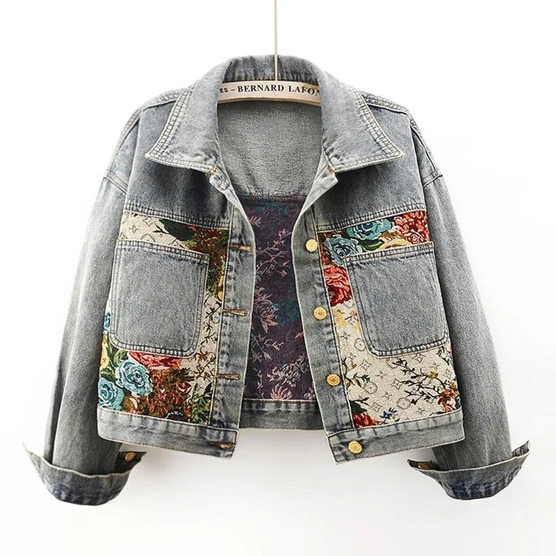 

Women's Short Denim Jacket, Print & Patchwork Cropped Jacket for Fall 2025