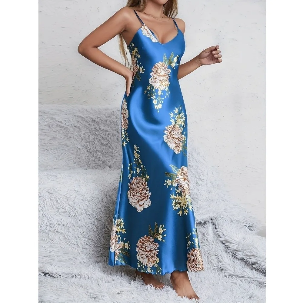 Elegant Sexy V-Neck Slip Nightgowns Silky Comfort Smooth Sleeveless Sleepwear Long Hem Floral Print Sleep Dresses Indoor Leisure