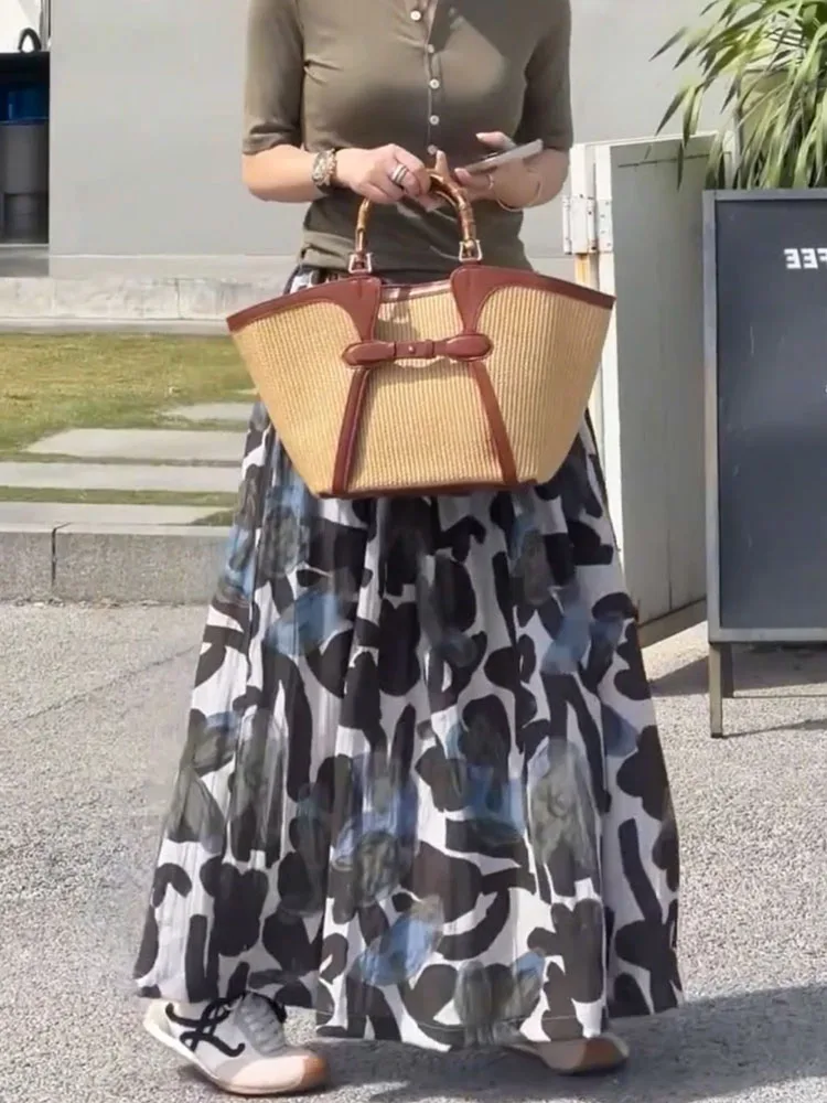 

Повседневная юбка с высокой талией, с принтом, на резинке, в корейском стиле, плиссированная, летняя, новинка, универсальная, для полных женщин